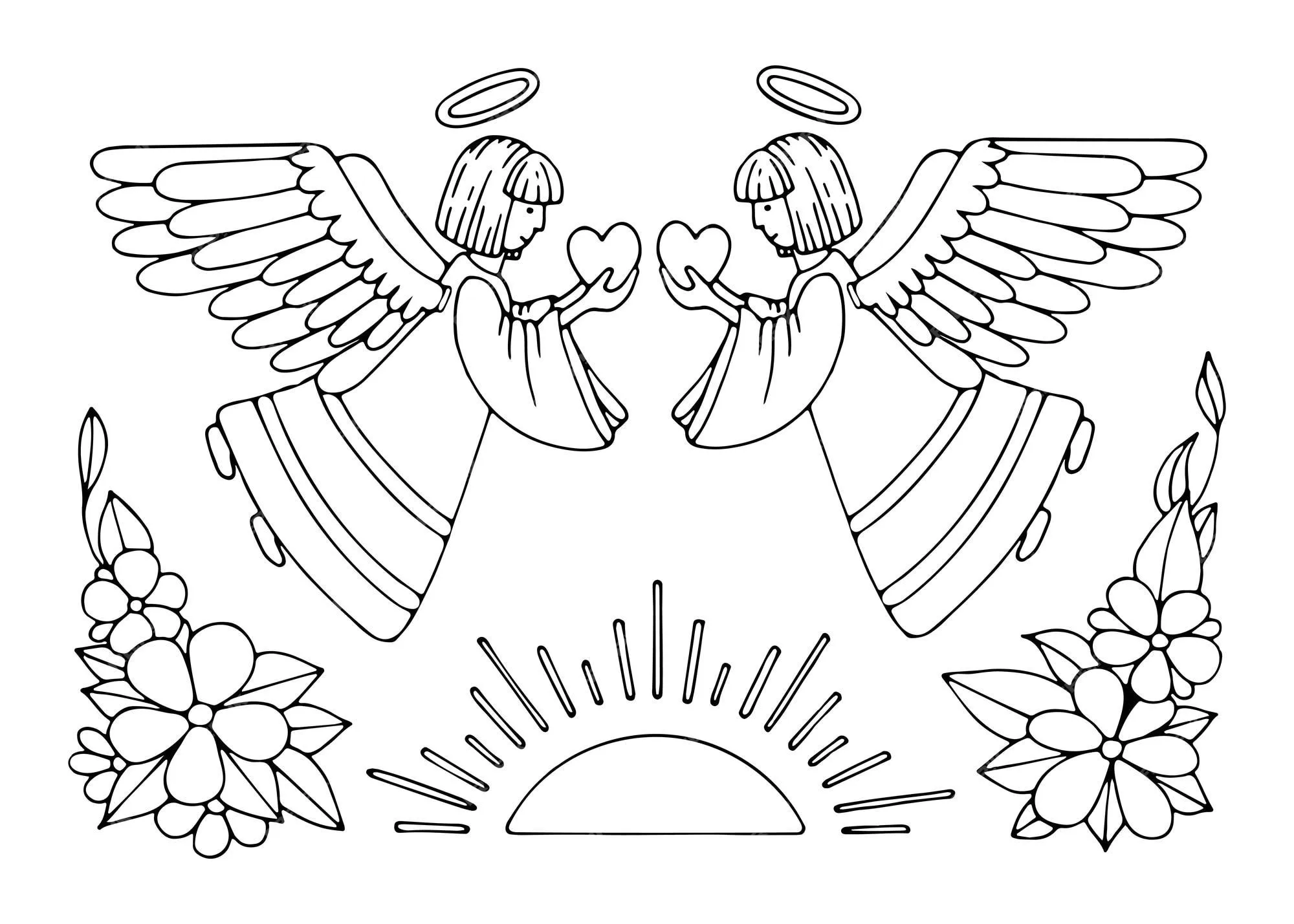 Página para colorear ángeles dan paz amor santo ángel guardián cielo arte  de línea dibujada a mano libro para colorear | Vector Premium