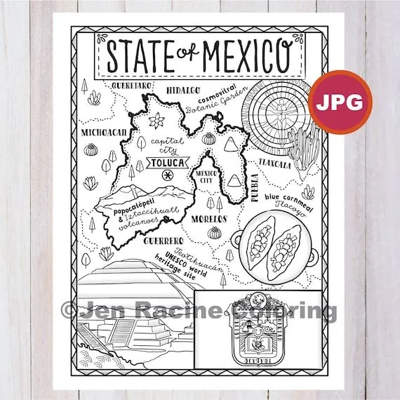 Página para colorear del Estado de México Estado de México Estados de  México Bandera Comida Monumentos Página para colorear JPG Descargar - Etsy  México