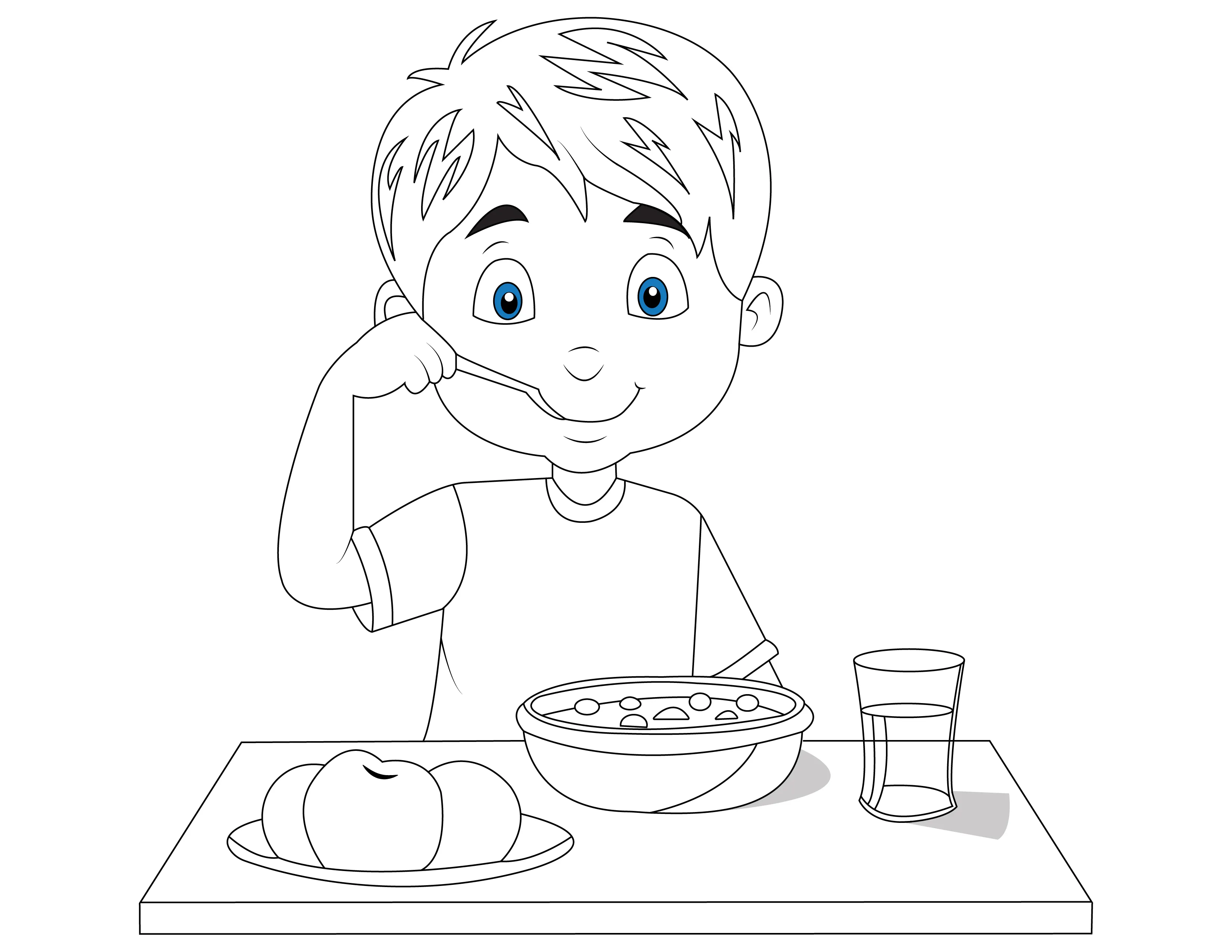 Página para colorear de niño comiendo sano