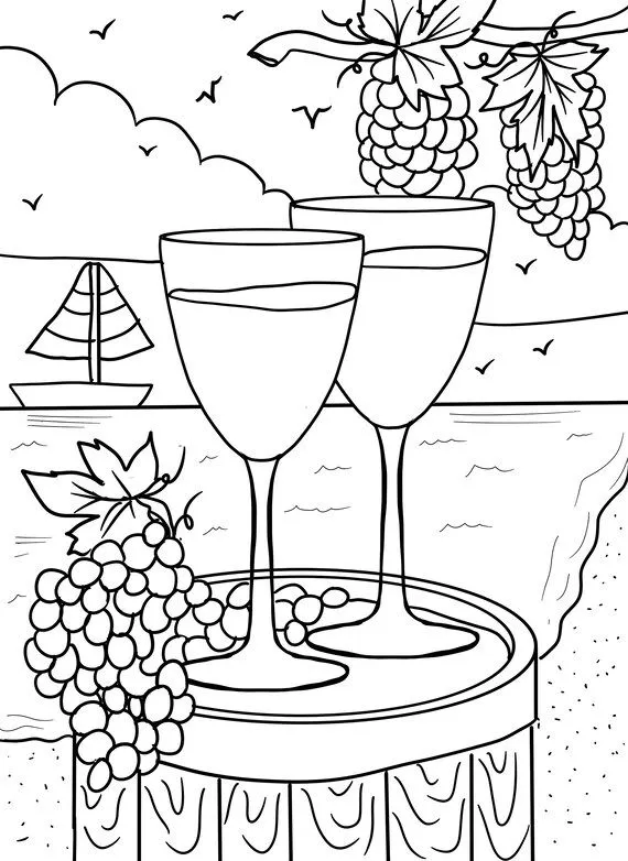 Página para colorear vino y velero Descarga digital .PDF - Etsy México