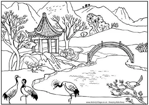 PAISAGEM CHINESA DESENHO PARA COLORIR