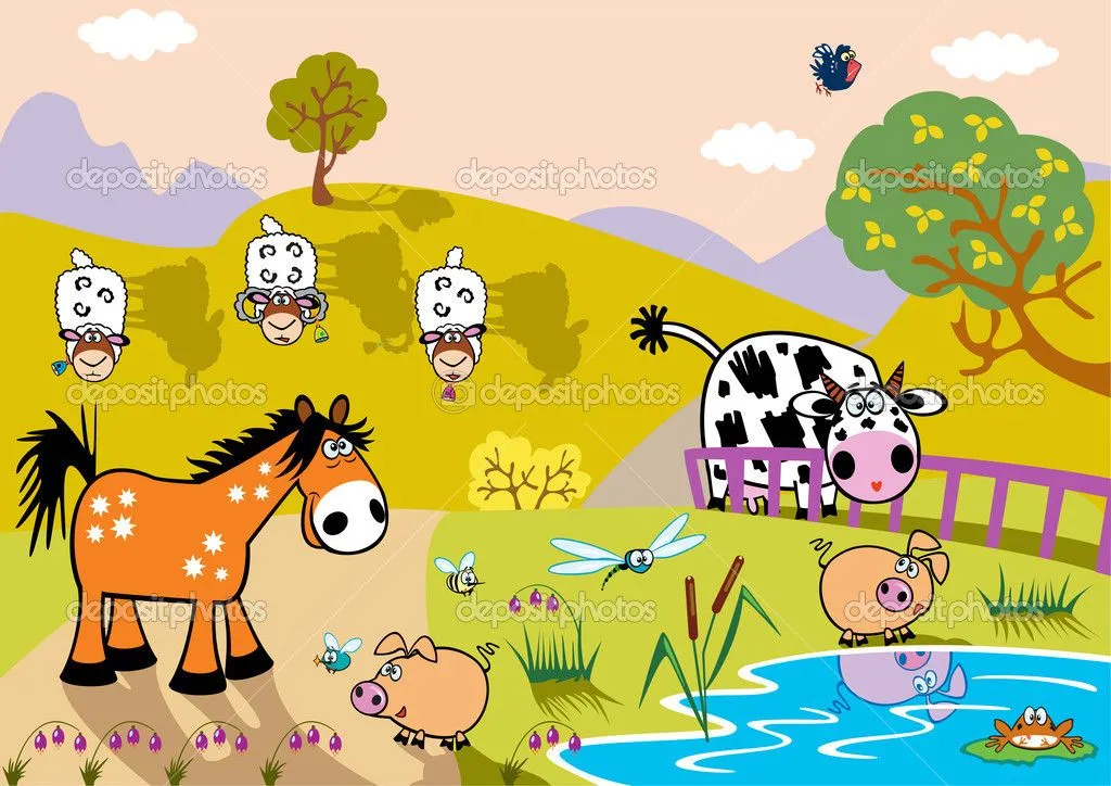 paisaje infantil con animales de granja en la noche — Vector stock ...