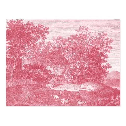 Paisaje pastoral rosado de Toile de Jouy Shabby Postal de Zazzle.