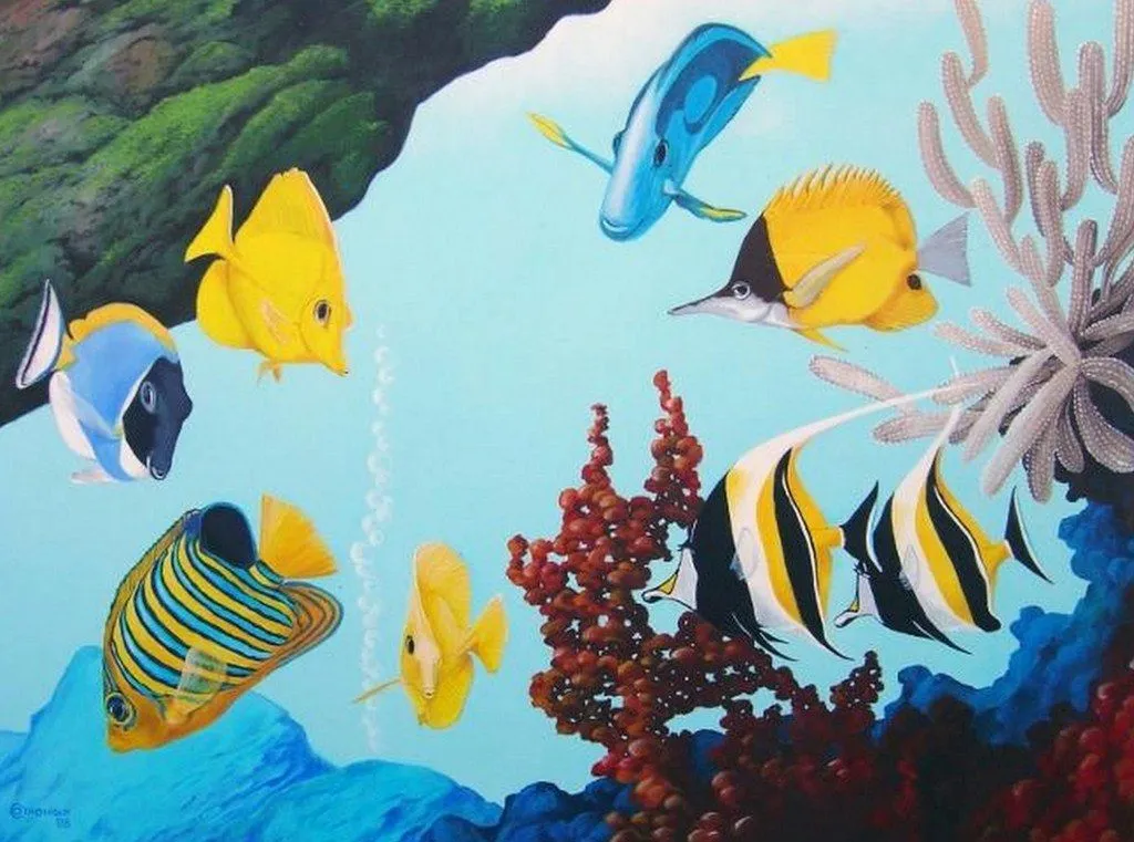 Paisaje Submarino al Óleo, Peces de Colores | Imágenes Arte Temático