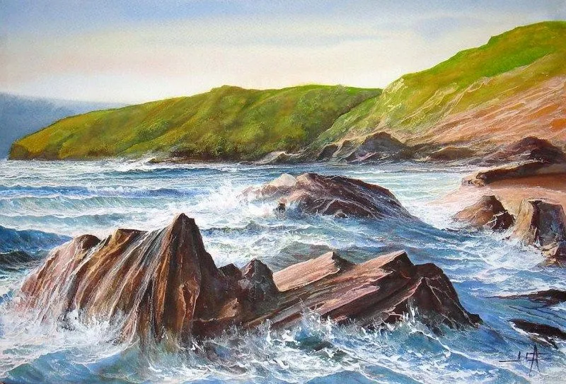 Paisajes y Bodegones: Pintura acuarela de paisaje marino con rocas