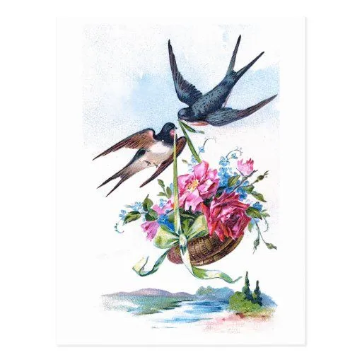 Pájaros y flores lindos del vintage florales postales | Zazzle