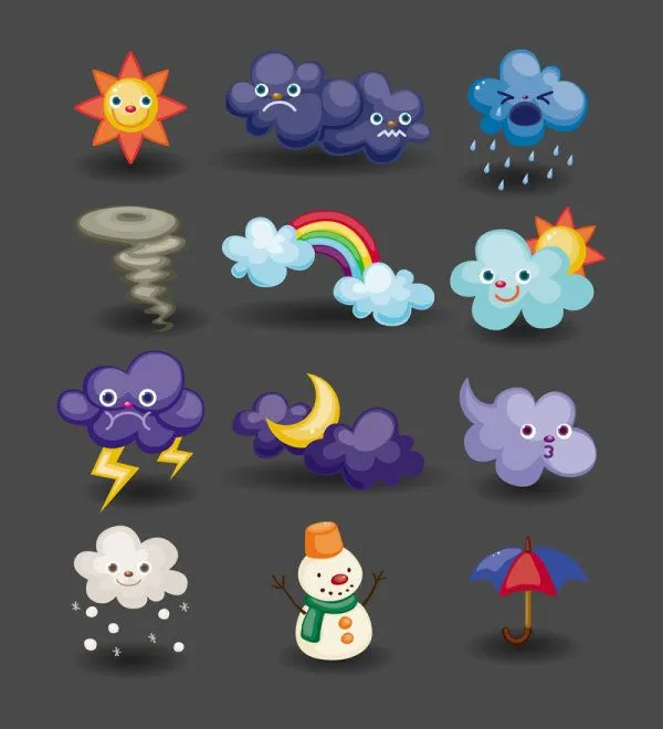 Palabras clave: dibujos animados, clima, iconos, nubes, lluvia ...