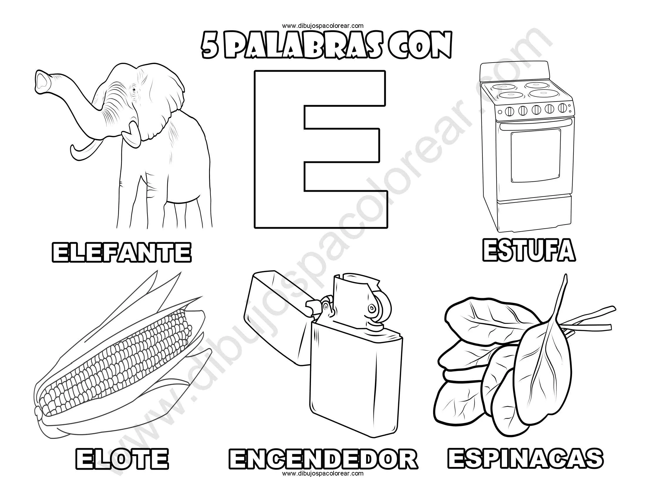 Cinco Palabras con la letra E dibujo a color y para colorear