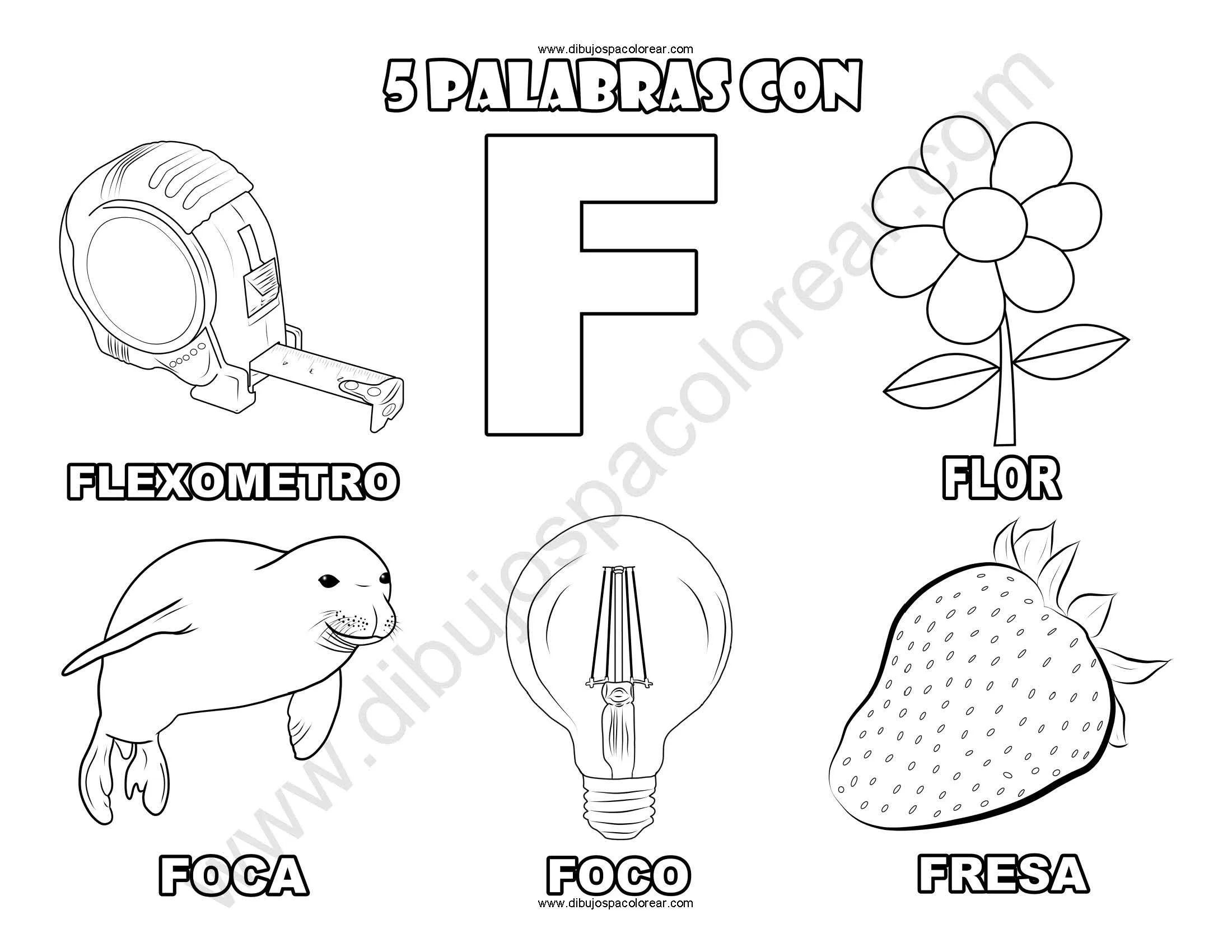 Cinco Palabras con la letra F dibujo a color y para colorear