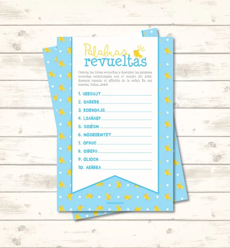 PALABRAS REVUELTAS BABY SHOWER ELEFANTE AZUL