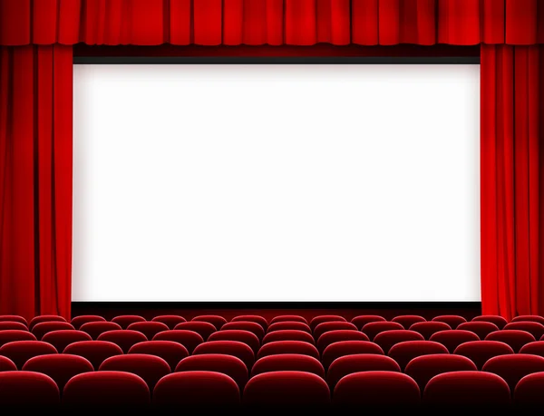 pantalla de cine con cortinas rojas y asientos — Foto stock ...