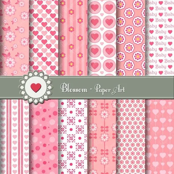 Corazones Flores Rosas Papeles decorativos por blossompaperart