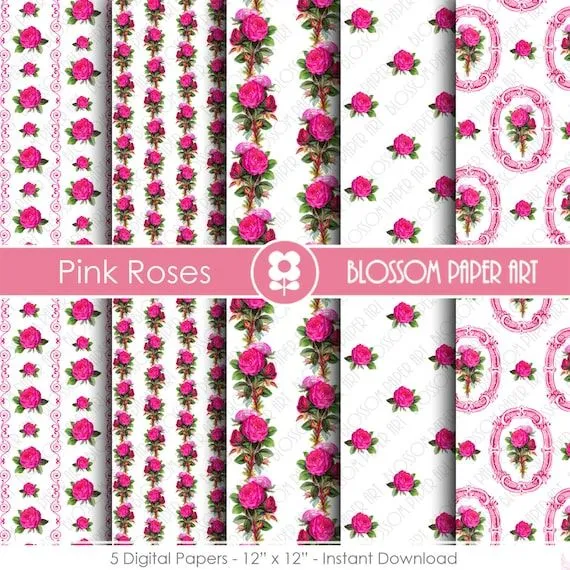 Papel Digital Decorativo Rosas Flores Vintage por blossompaperart