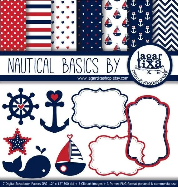 Papel Digital Fondo Naval Rojo Azul Marino Niña por LagartixaShop