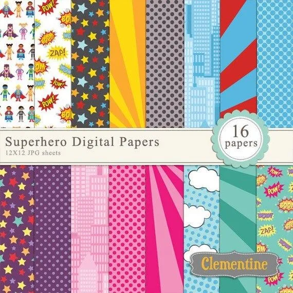 Superhero scrapbook paper 12x12 comic book by ClementineDigitals