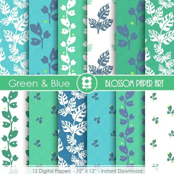 Papeles Decorativos Celeste Verde Azul Papeles por blossompaperart