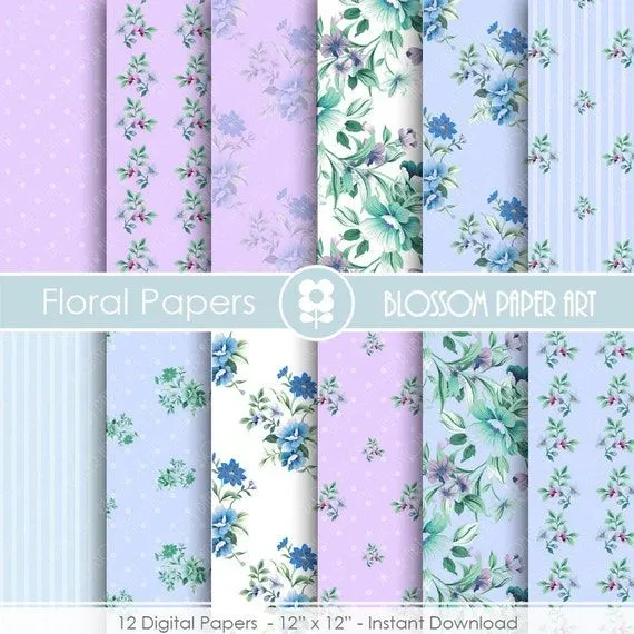 Papeles Decorativos Floreados Celeste Azul y por blossompaperart