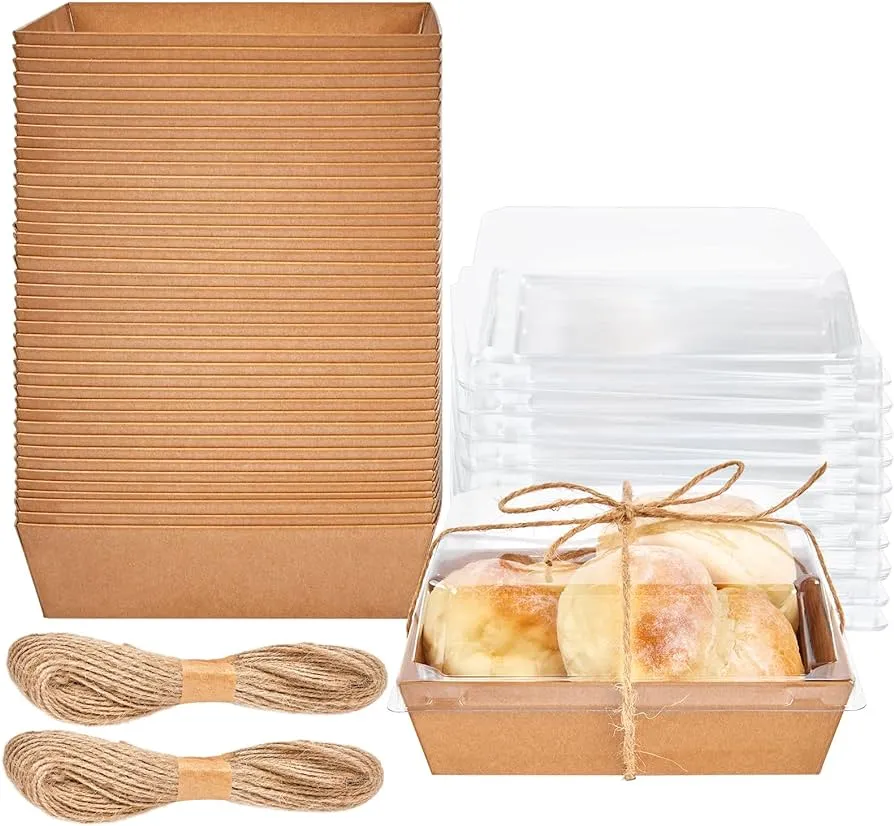 Paquete de 50 cajas de papel con tapas transparentes, cajas cuadradas para  sándwich con cordel de 44 yardas desechables para rollo suizo, fresas,  pasteles de rebanadas, galletas, marrón : Amazon.com.mx: Hogar y