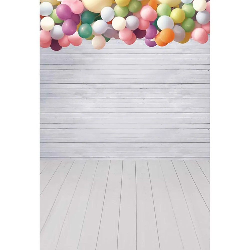 Pared de madera blanca Fotografía de fondo Globos de colores Niños Fiesta  de cumpleaños de los niños Estudio de fotografía Fondos Suelo de madera