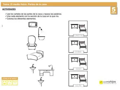 Partes y objetos de la casa. Ficha escolar para conocer el entorno