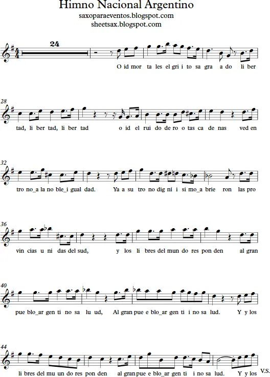 Partitura del Himno Nacional Argentino para saxo, trompeta ...