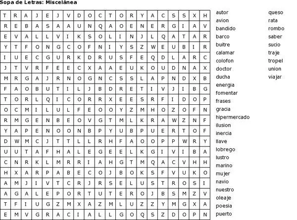 Pasatiempos para Imprimir: Sopa de letras: Miscelánea