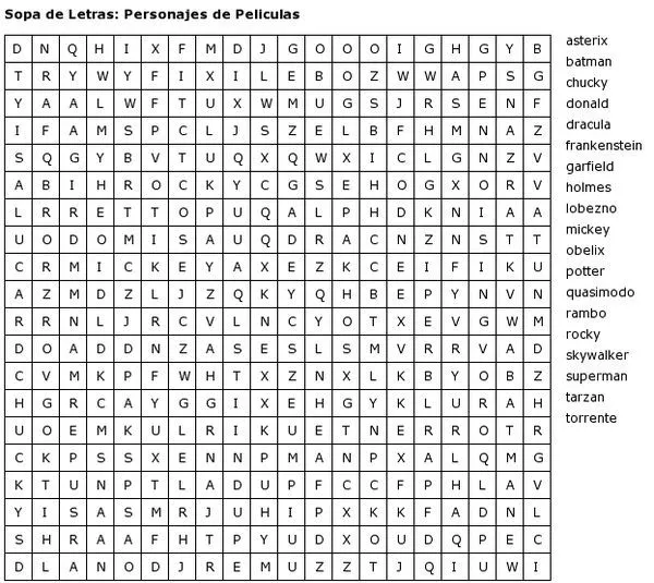 Pasatiempos para Imprimir: Sopa de Letras: Personajes de Peliculas