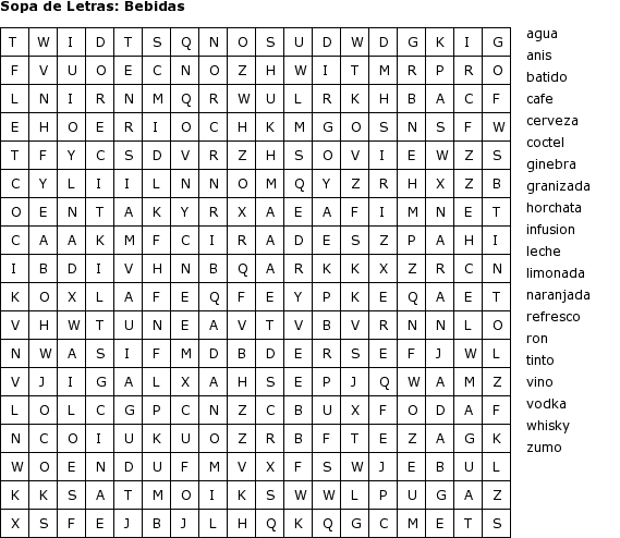 Pasatiempos para Imprimir: Sopa de Letras- Bebidas