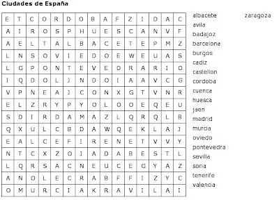 Pasatiempos para Imprimir: Sopa de Letras: Ciudades de España