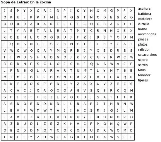 Pasatiempos para Imprimir: Sopa de Letras: En la cocina