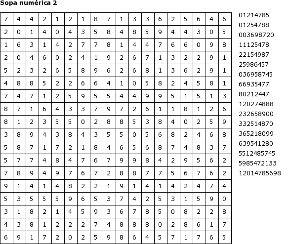 Pasatiempos para Imprimir: Sopa numérica nº 2