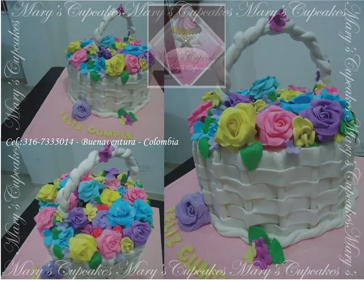 PASTEL CON FORMA DE CANASTA DE FLORES, DECORADO EN FONDANT ...