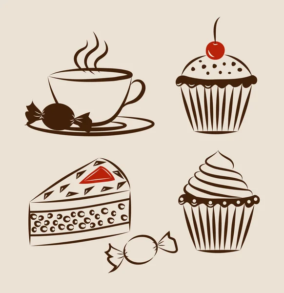 Pasteles dulces con taza de bebida caliente — Vector stock ...