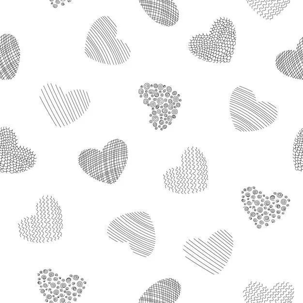 Patrón de contorno vectorial con corazones para imprimir en tela, papel.  patrón de corazones en blanco y negro | Vector Premium