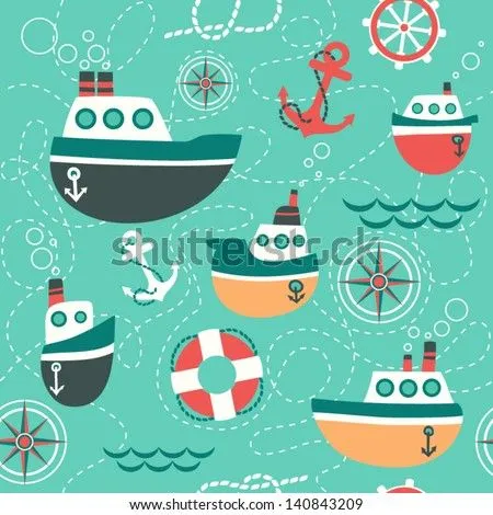 Patrón Sin Fisuras De Los Símbolos Marinos; Barco, Ancla, Cuerda Y ...