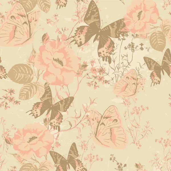 Patrón floral transparente con mariposas y rosas en estilo vintage ...