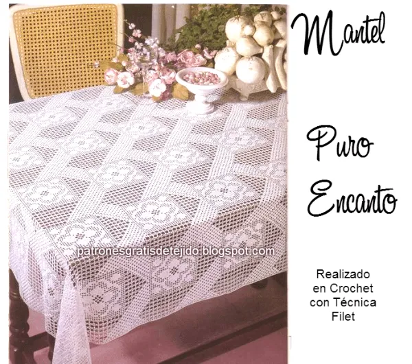 Patrones de mantel Puro Encanto - técnica crochet filet