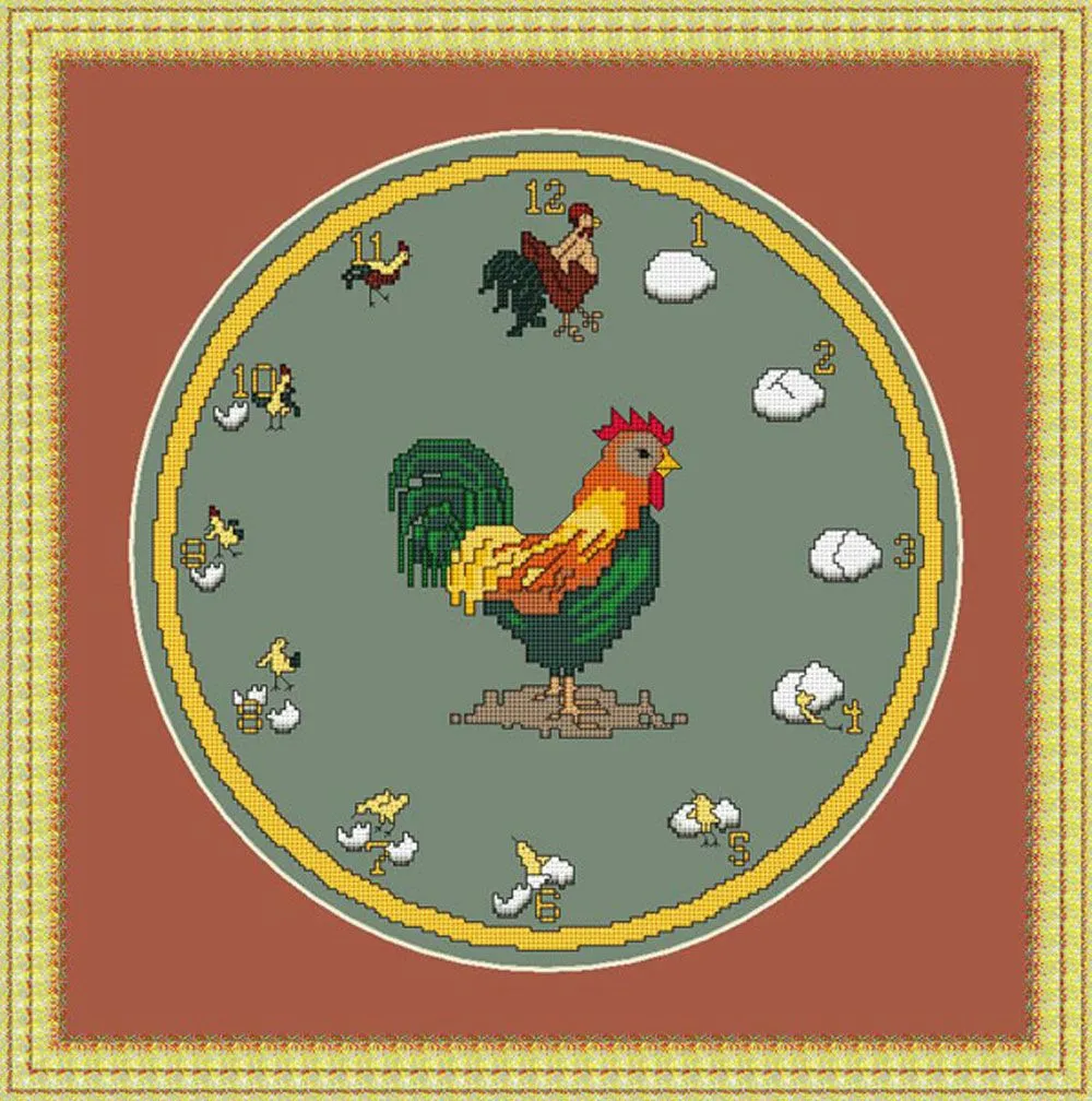 Patrones de punto de cruz de un reloj con gallo y pollitos