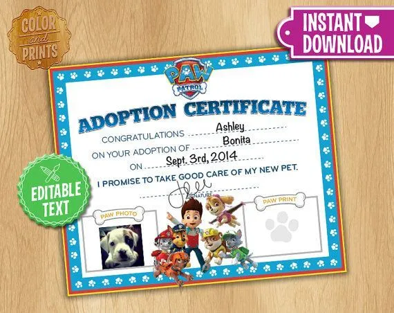 Paw Patrol Adoption Certificate Instant by ColorAndPrints on Etsy ...
