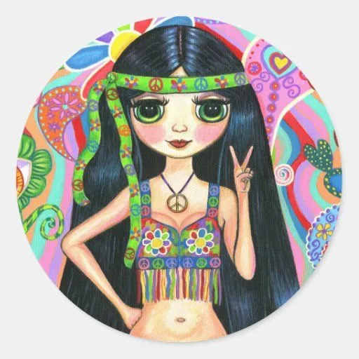 Pegatina del chica del Hippie del signo de la paz de Zazzle.