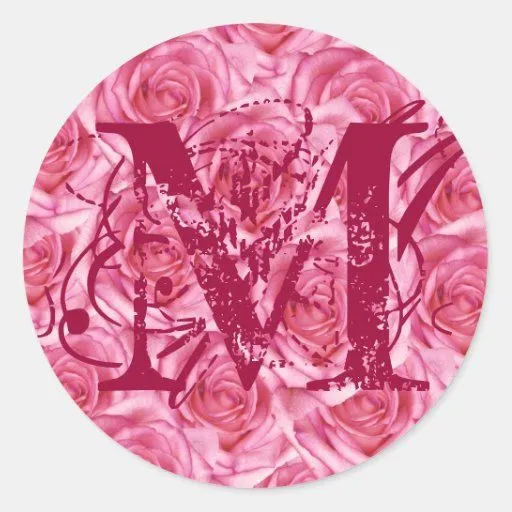 Pegatina rosado de los rosas de la letra M del mon de Zazzle.