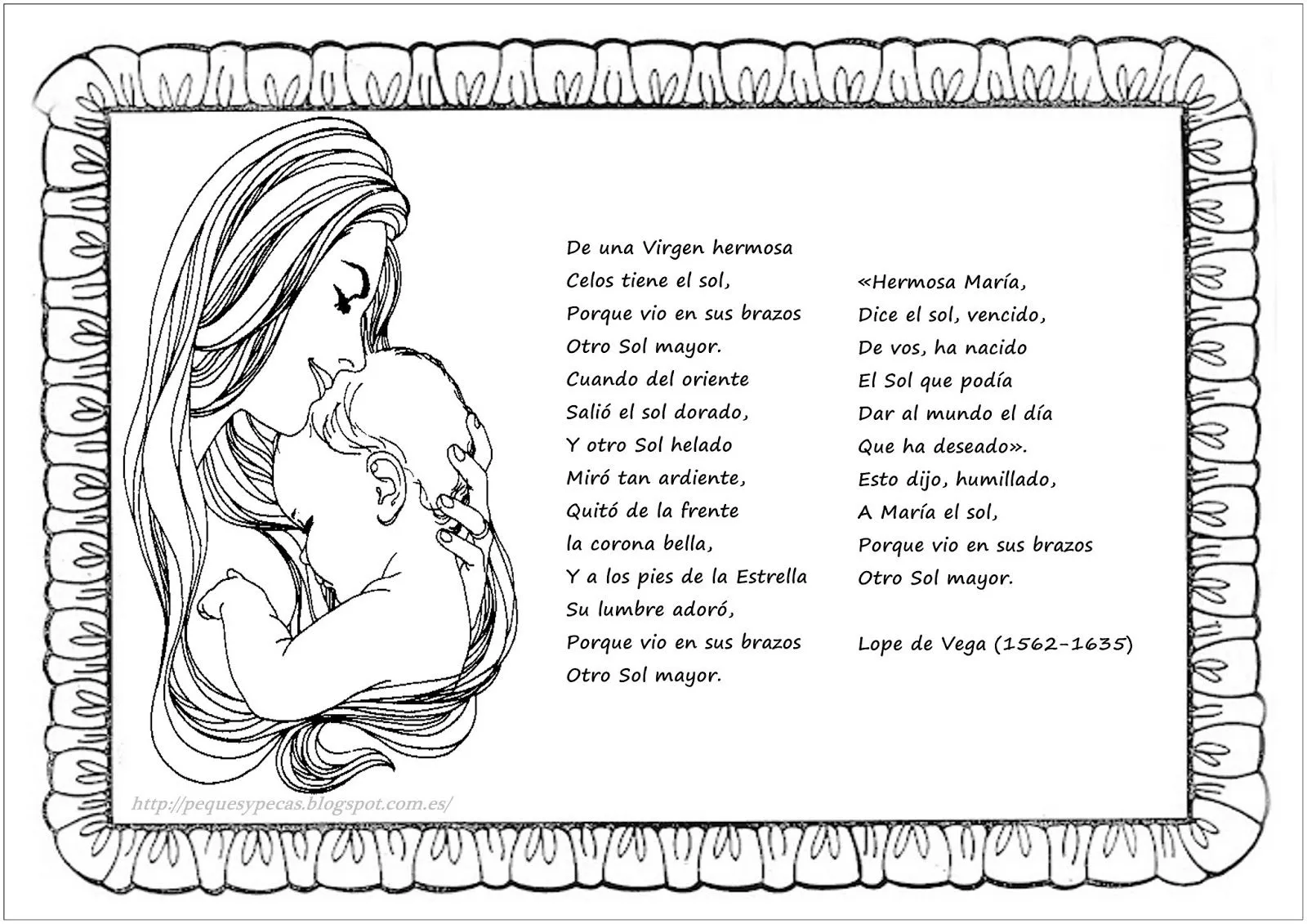 PEQUES Y PECAS...: FICHAS PARA COLOREAR DE POEMAS A LA VIRGEN.