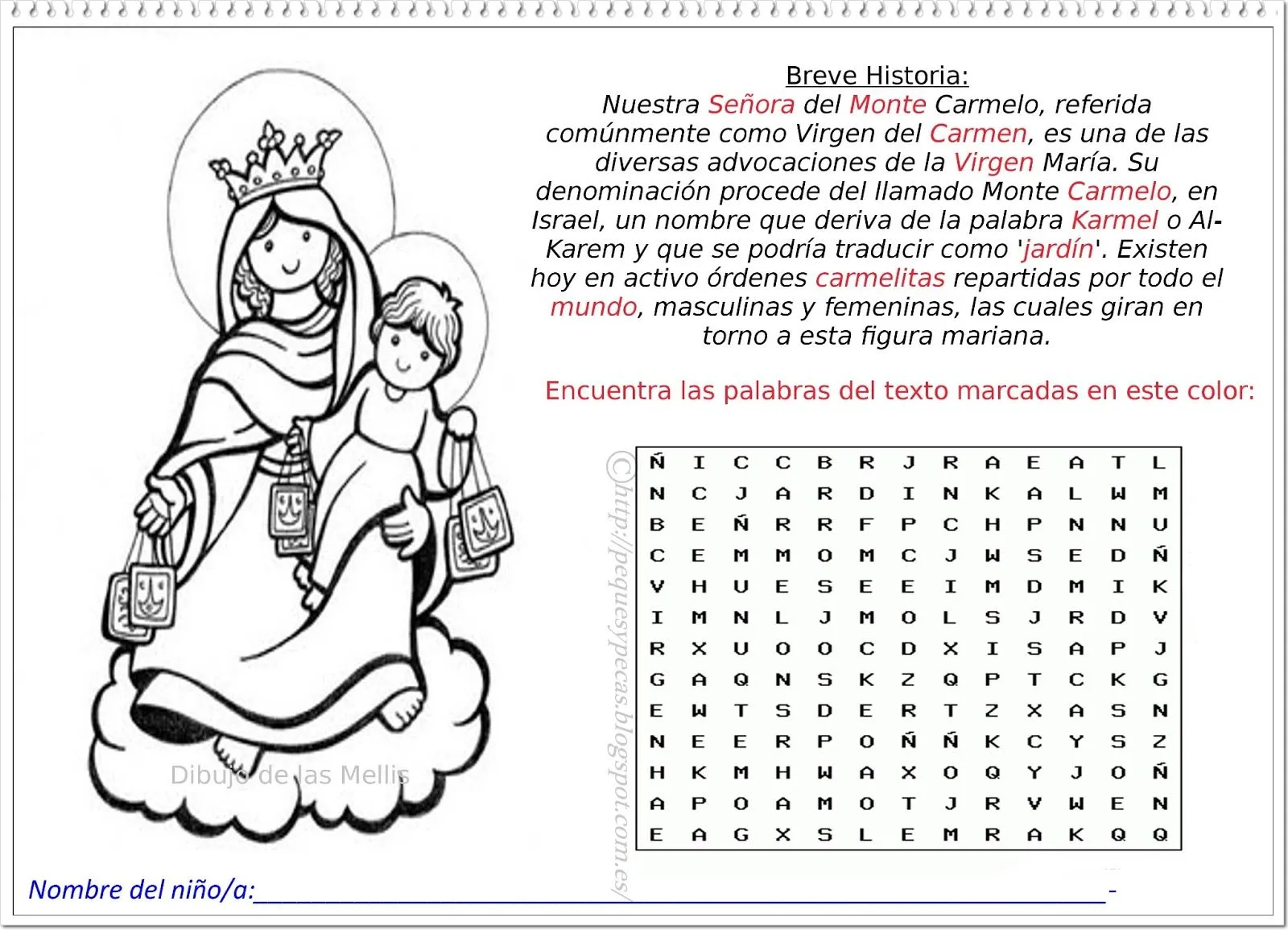 PEQUES Y PECAS...: FICHAS: Sopas de letras sobre la Virgen del Carmen.