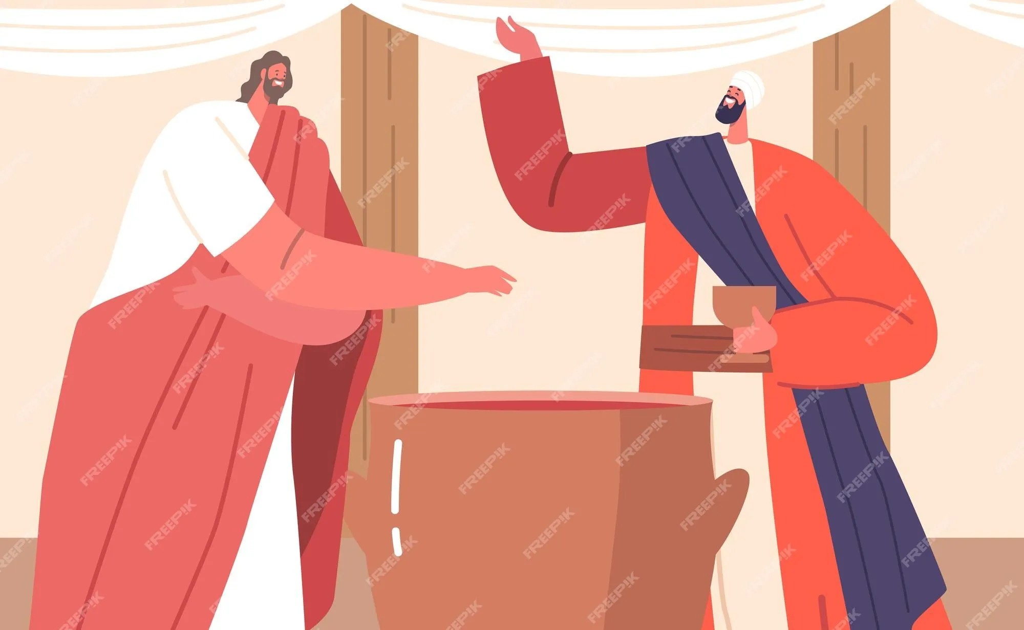 El personaje de jesús convierte el agua en vino de alta calidad milagro  bíblico realizado en una fiesta de bodas en caná | Vector Premium