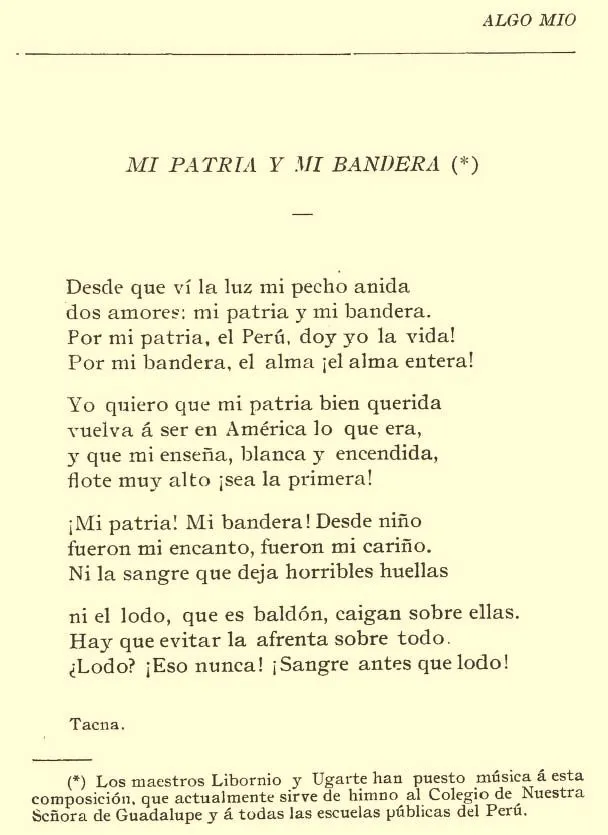 Al Perú" y "Mi patria y mi bandera".- Versos escritos en Tacna por ...