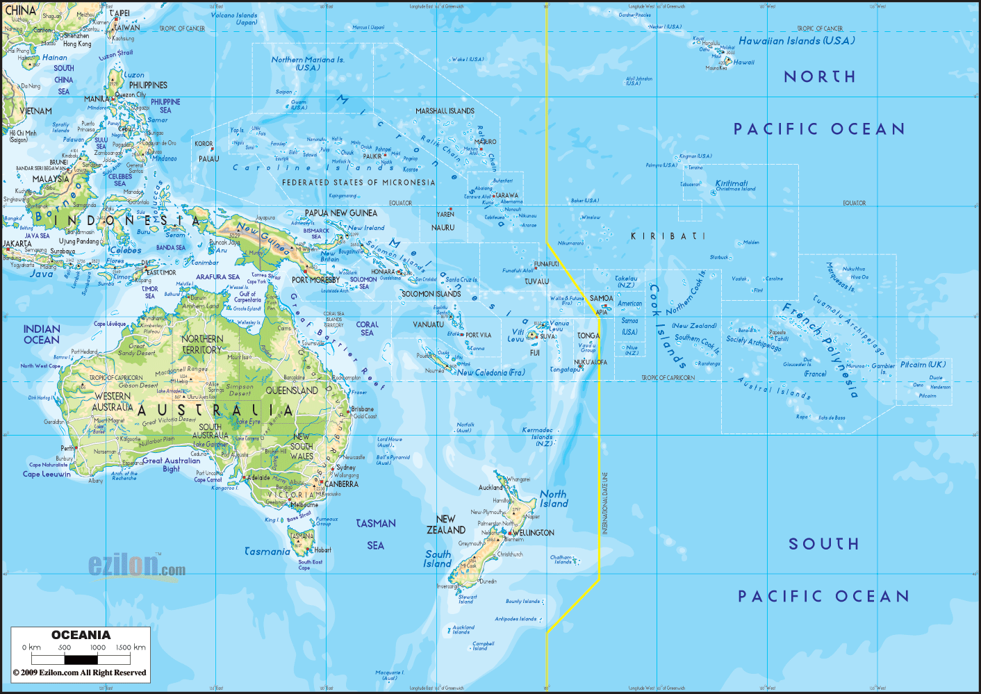 Physical Map of Oceania - Ezilon Maps