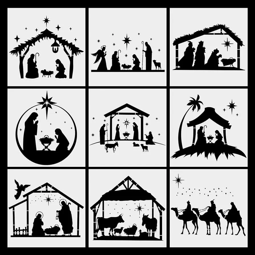 9 piezas de plantillas de belén de Navidad, plantillas de pintura de belén reutilizables, plantillas de dibujo para pintar sobre lienzo de madera, plantillas de pintura reutilizables para manualidades, tela, decoración del