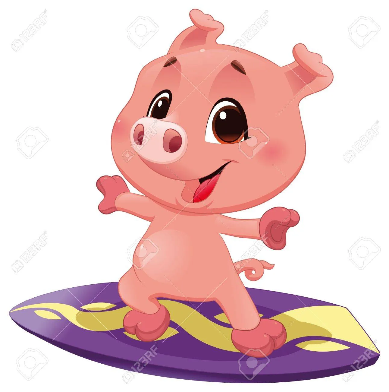 Pig With Surf. Funny Cartoon And Vector Sporty Isolated Character ...