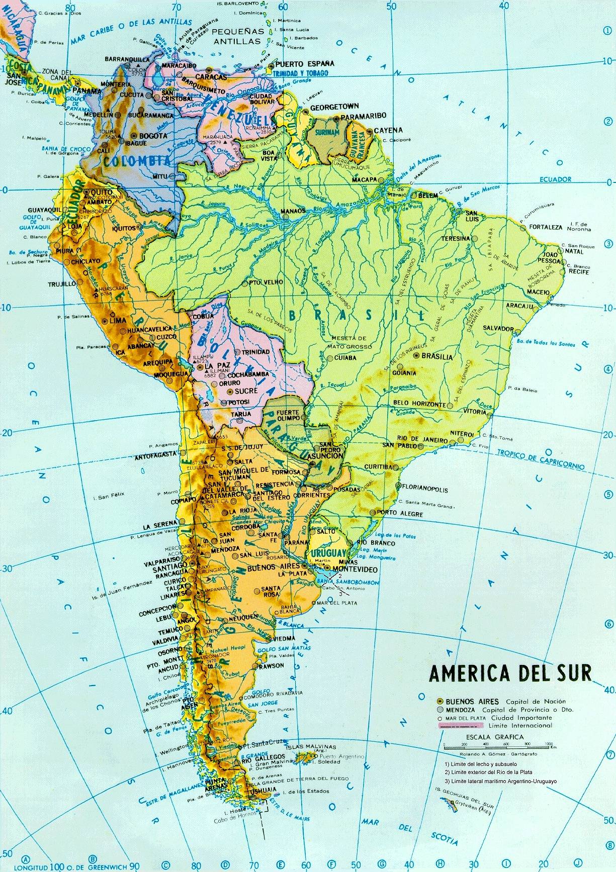 Mapa Político y hidrográfico de América del Sur - mapa.