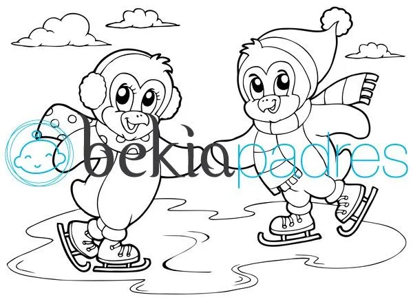 Pingüinos patinando: dibujo para colorear